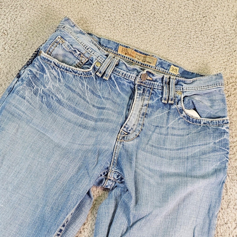BKE Tyler Straight Jeans Mens 33x32 Blue Light Wash Denim Embroidered Distressed